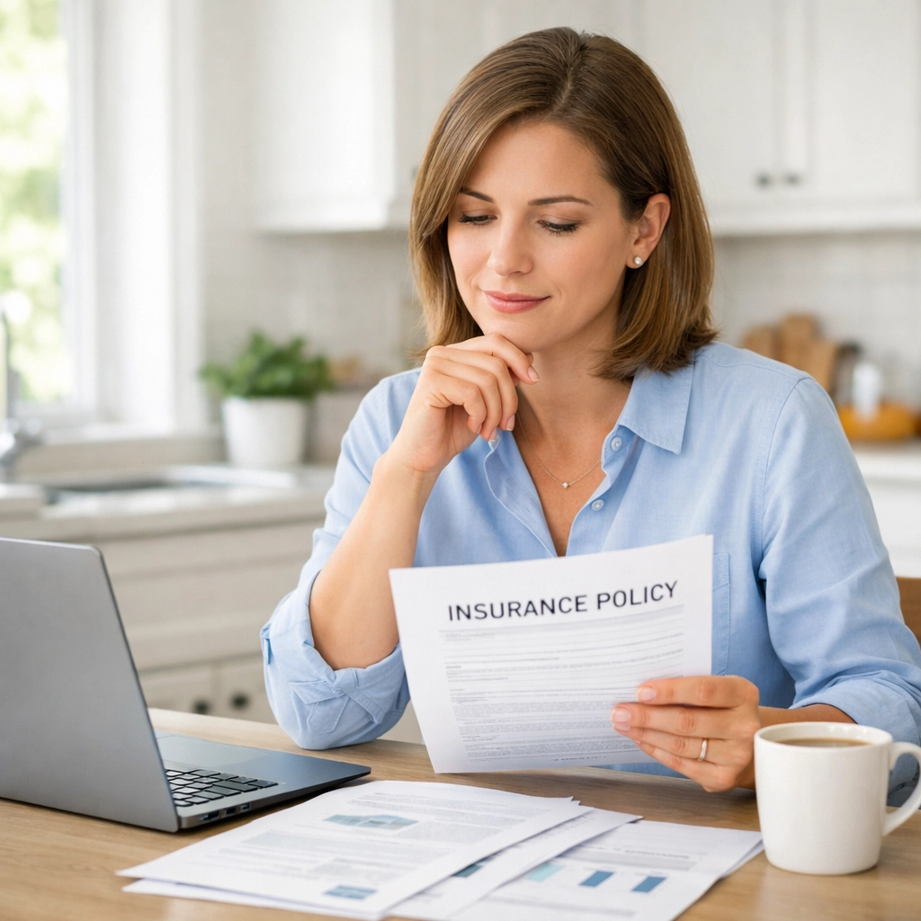 Homeowner reviewing umbrella insurance policy and coverage options at home