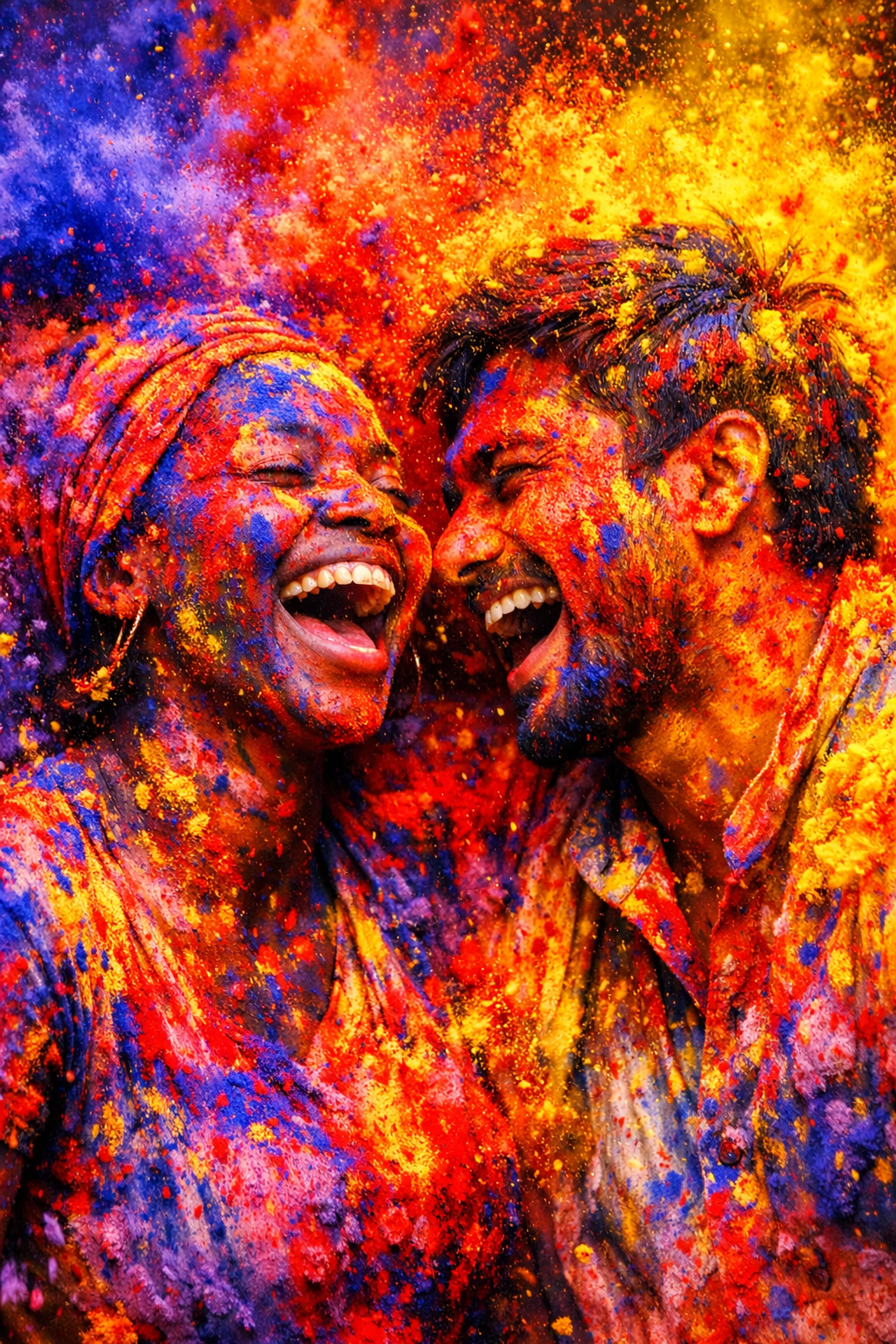 Devotees covered in vibrant Holi colors experiencing spiritual union and joy.