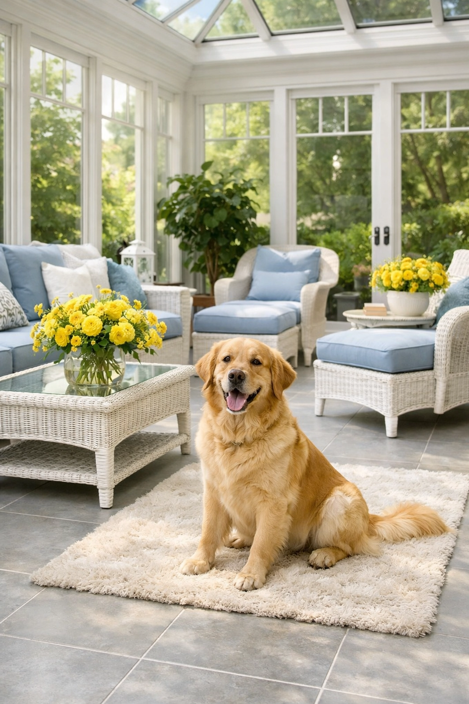 Pet-friendly sunroom in Wellesley sanitized by an eco-friendly deep cleaning service in Massachusetts.