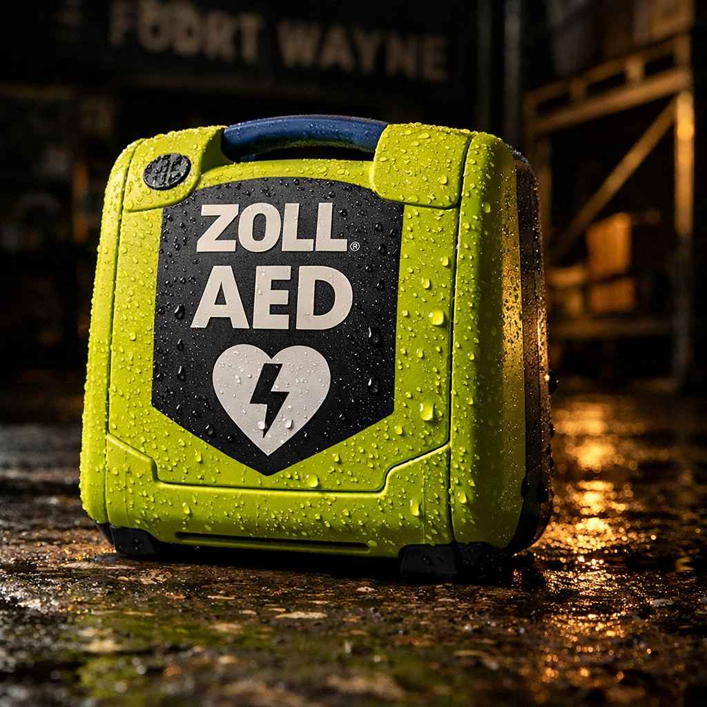Durable lime-green ZOLL AED unit sitting on a concrete warehouse floor in Fort Wayne.