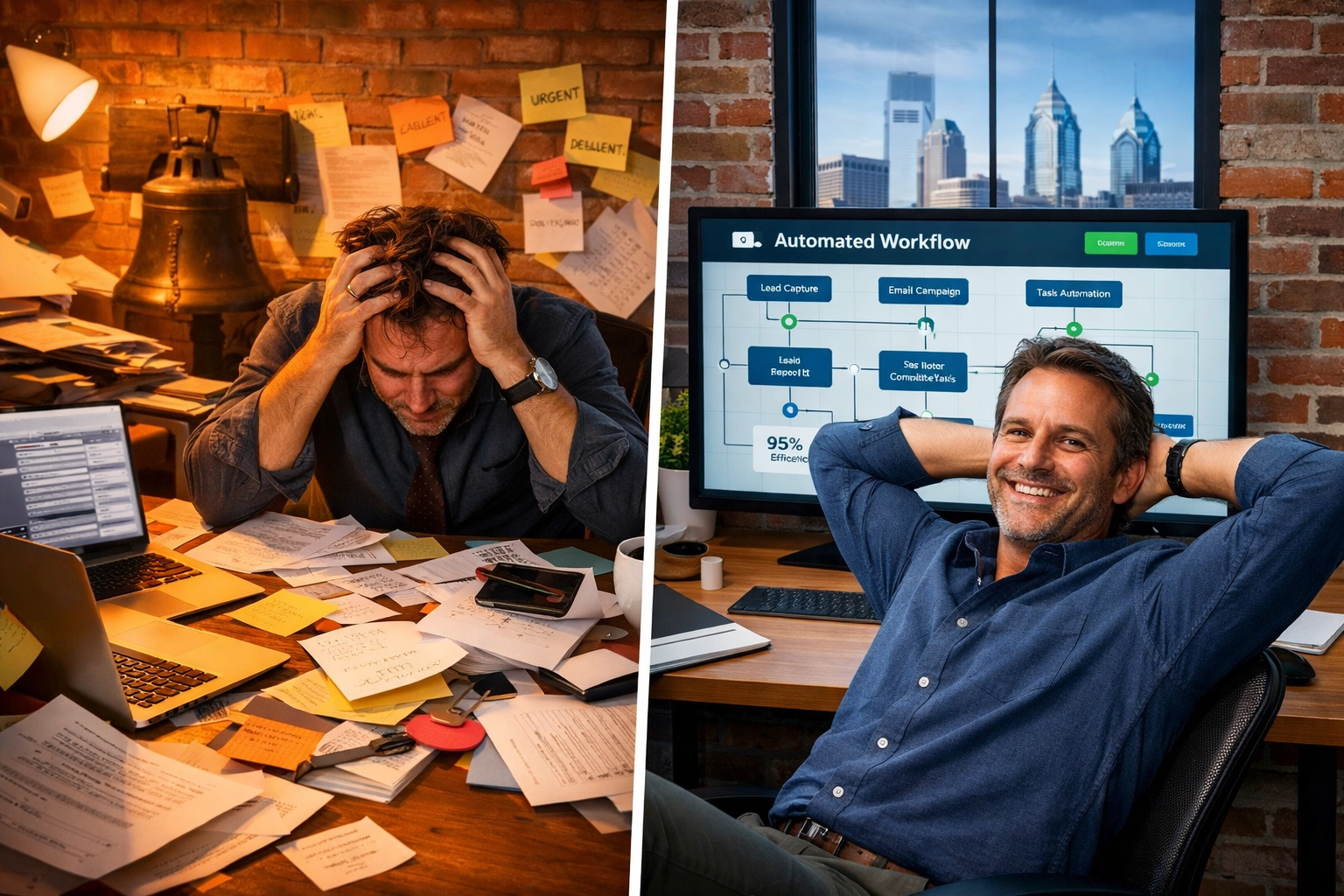 Business owner comparing manual chaos to organized automated workflow dashboard
