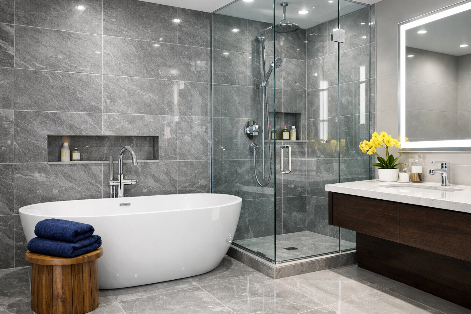 Spotless modern master bathroom in Bolton MA featuring a sanitized soaking tub and shower.