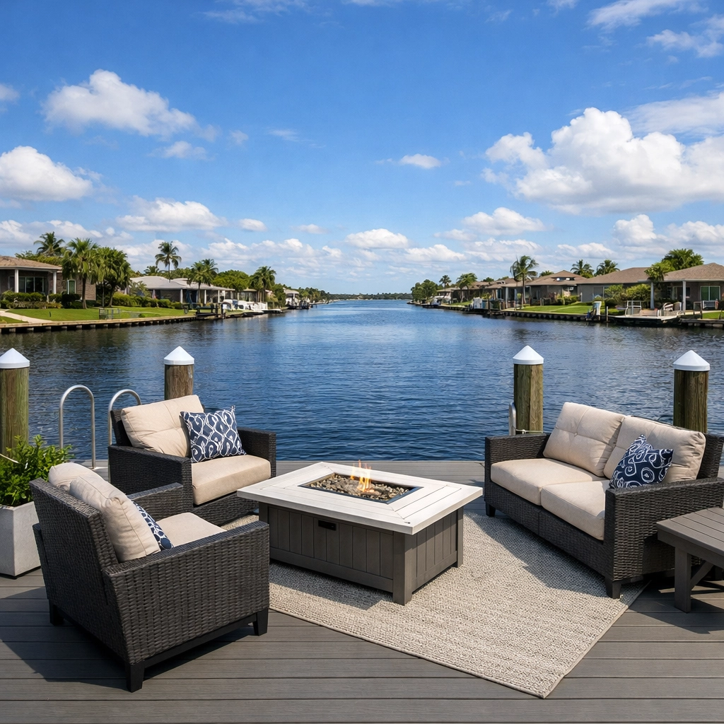 Modern composite boat dock with outdoor seating overlooking wide intersecting Cape Coral canals.