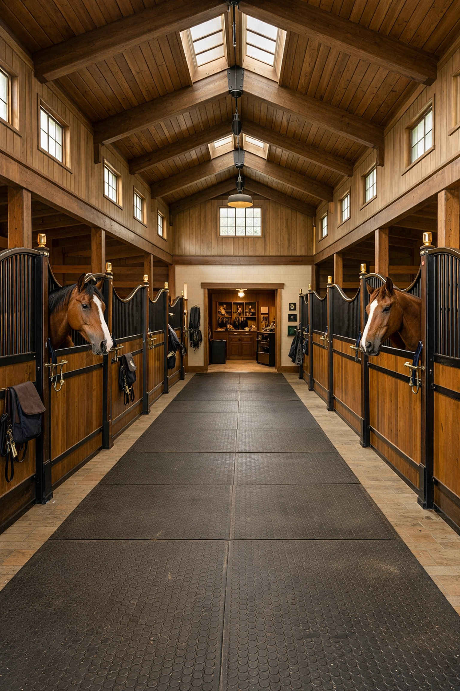 Professional horse barn interior with stalls and center aisle at Waxhaw equestrian property