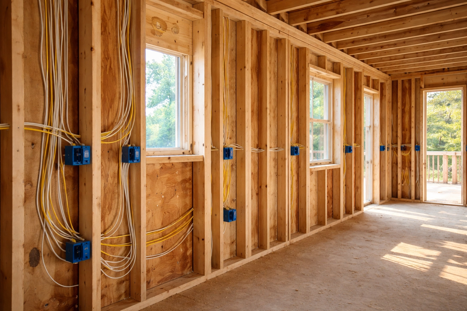 Wiring phase of new home build in coastal Maine showing organized electrical work and attention to detail
