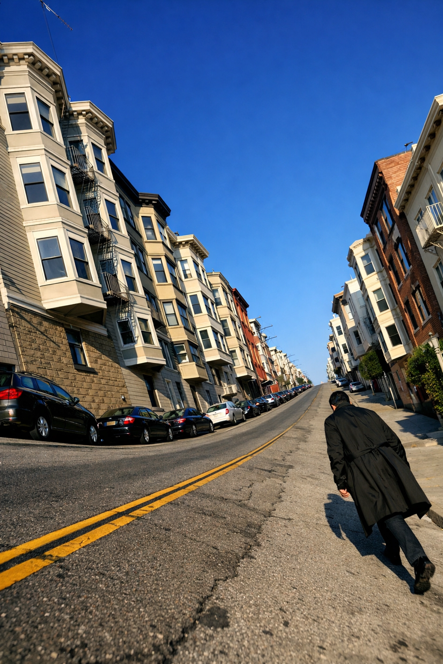 Gravity-defying tilt illusion of a steep city street, a creative idea to refresh your photography portfolio.