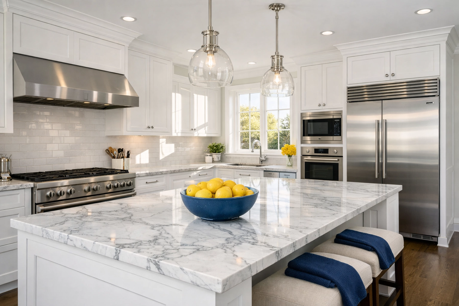 Immaculate Westborough kitchen with marble countertops following a professional weekly house cleaning.