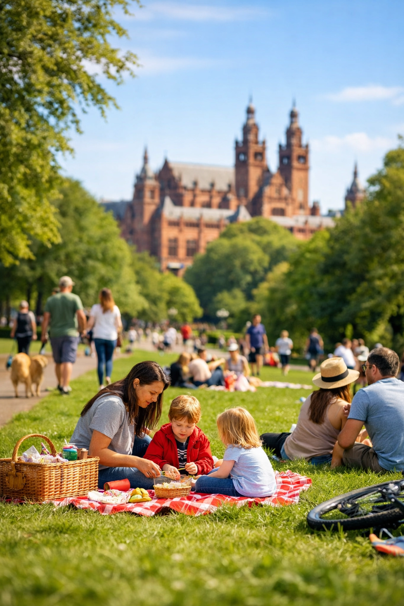 Families enjoying Kelvingrove Park in Glasgow's West End with gallery building in background