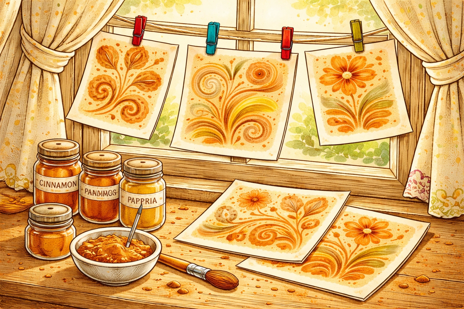 Finished spice paintings in warm earthy tones drying on a sunny windowsill after a kids' art activity.
