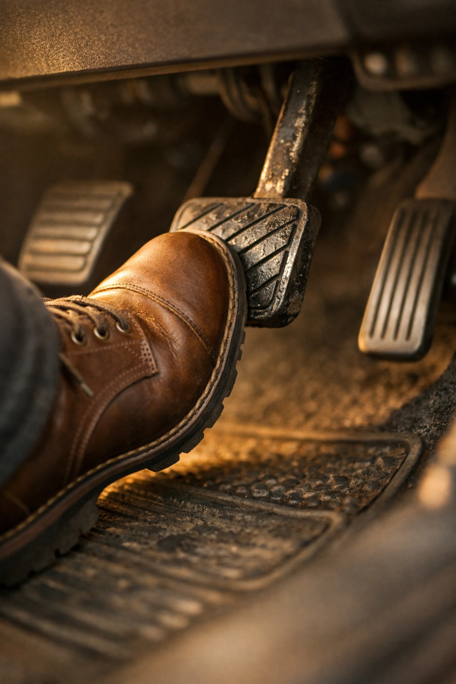 Driver pressing a car clutch pedal while checking for signs of failure.
