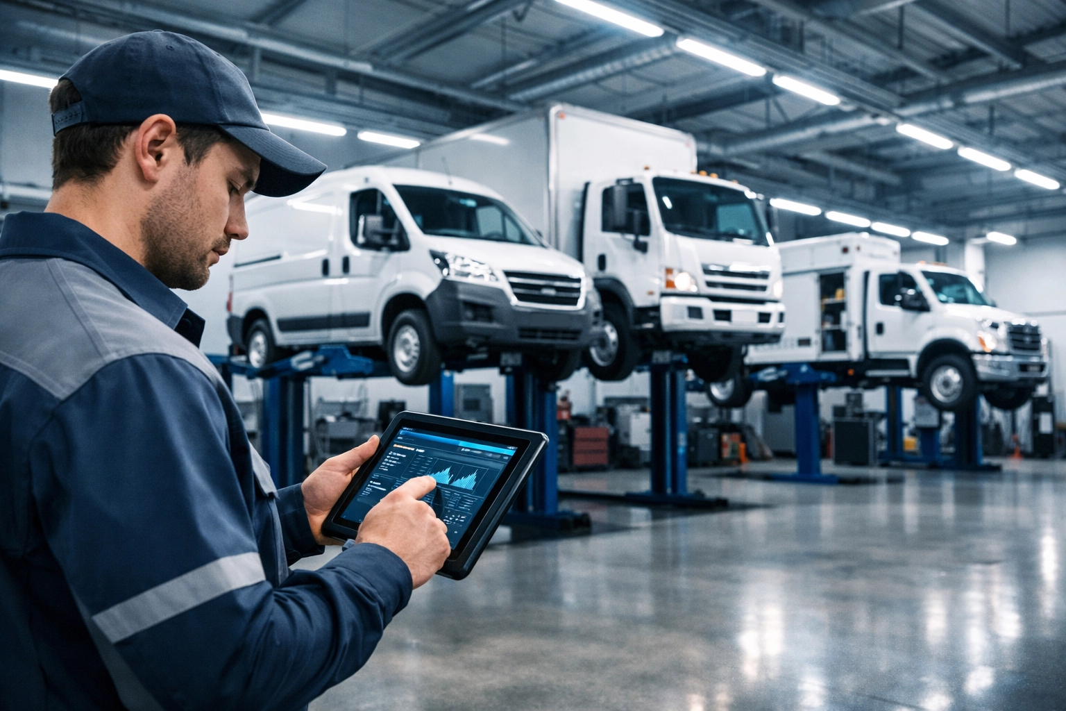 Professional technician performing digital diagnostics on commercial fleet vehicles in a Prosper TX repair shop.