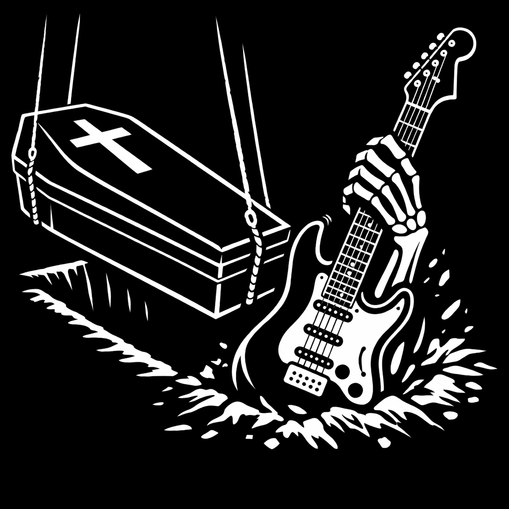 Skeleton hand with a guitar rising from a grave during a dark humor burial.