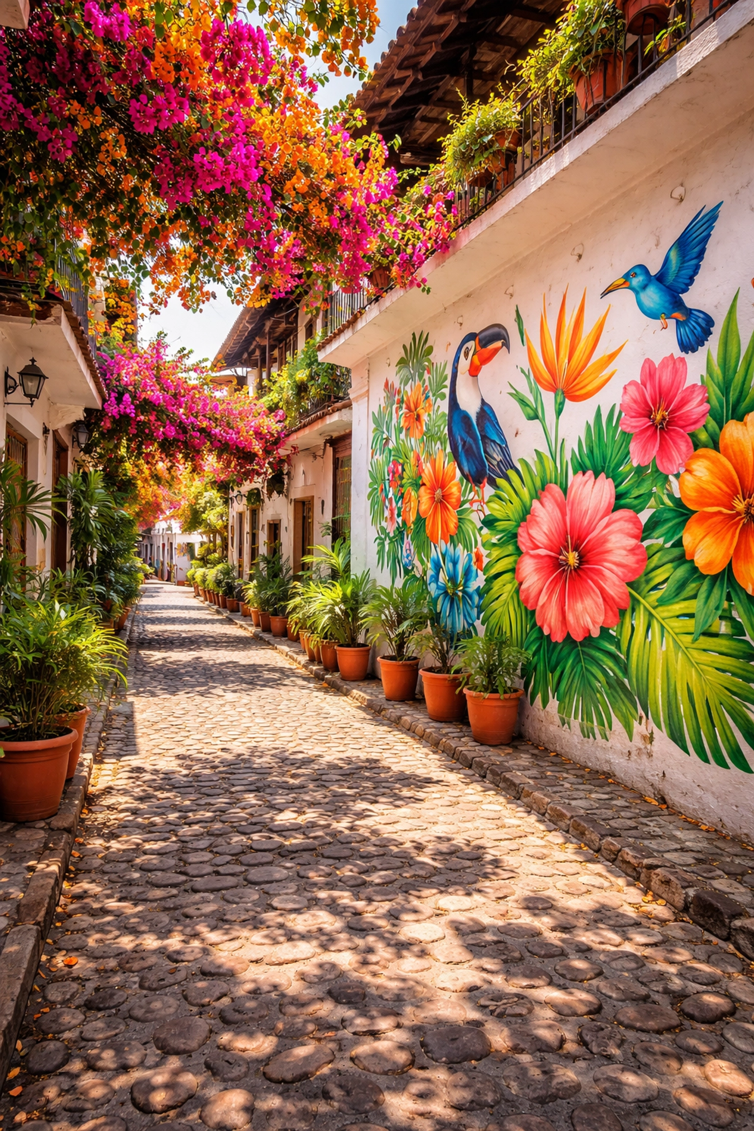 Colorful mural of flowers and birds along a narrow cobblestone street in Zona Romantica, Puerto Vallarta.