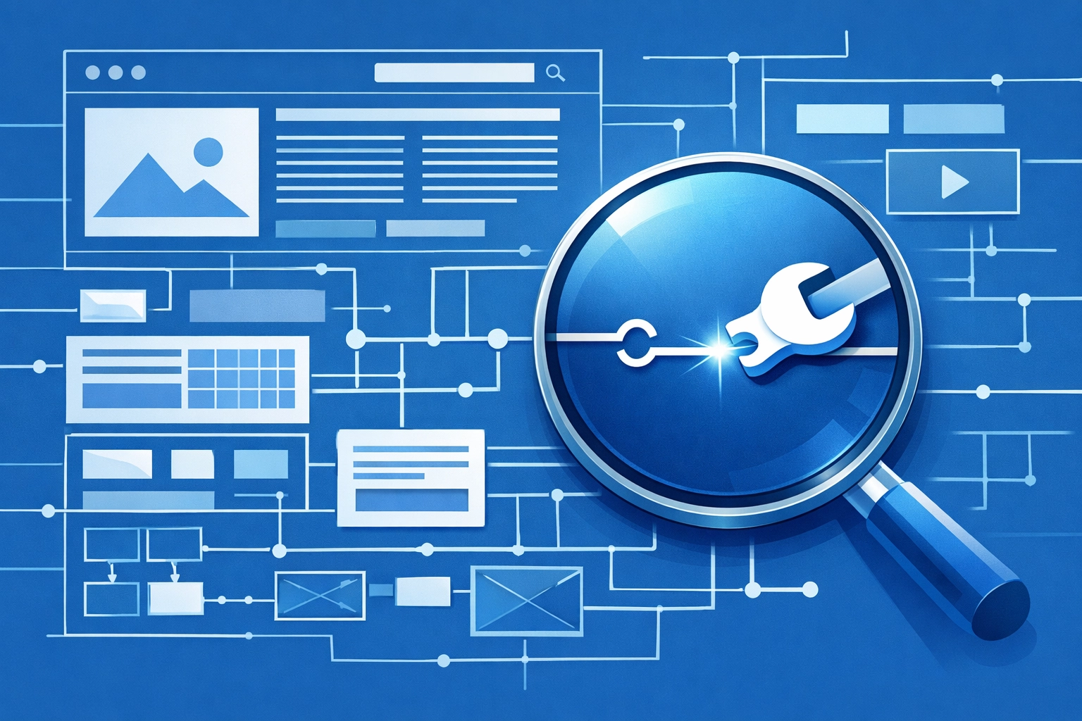 Vector illustration showing a website architecture blueprint being fixed to improve technical SEO and site indexing.