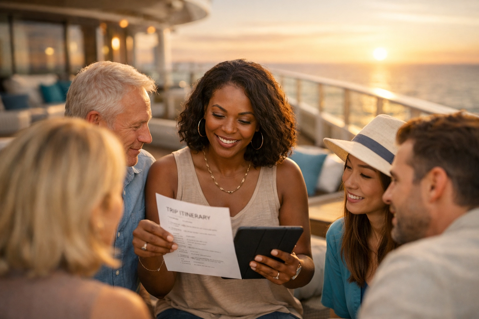 Travelers and a cruise travel agent reviewing luxury cruise deals on a sunny ship deck.