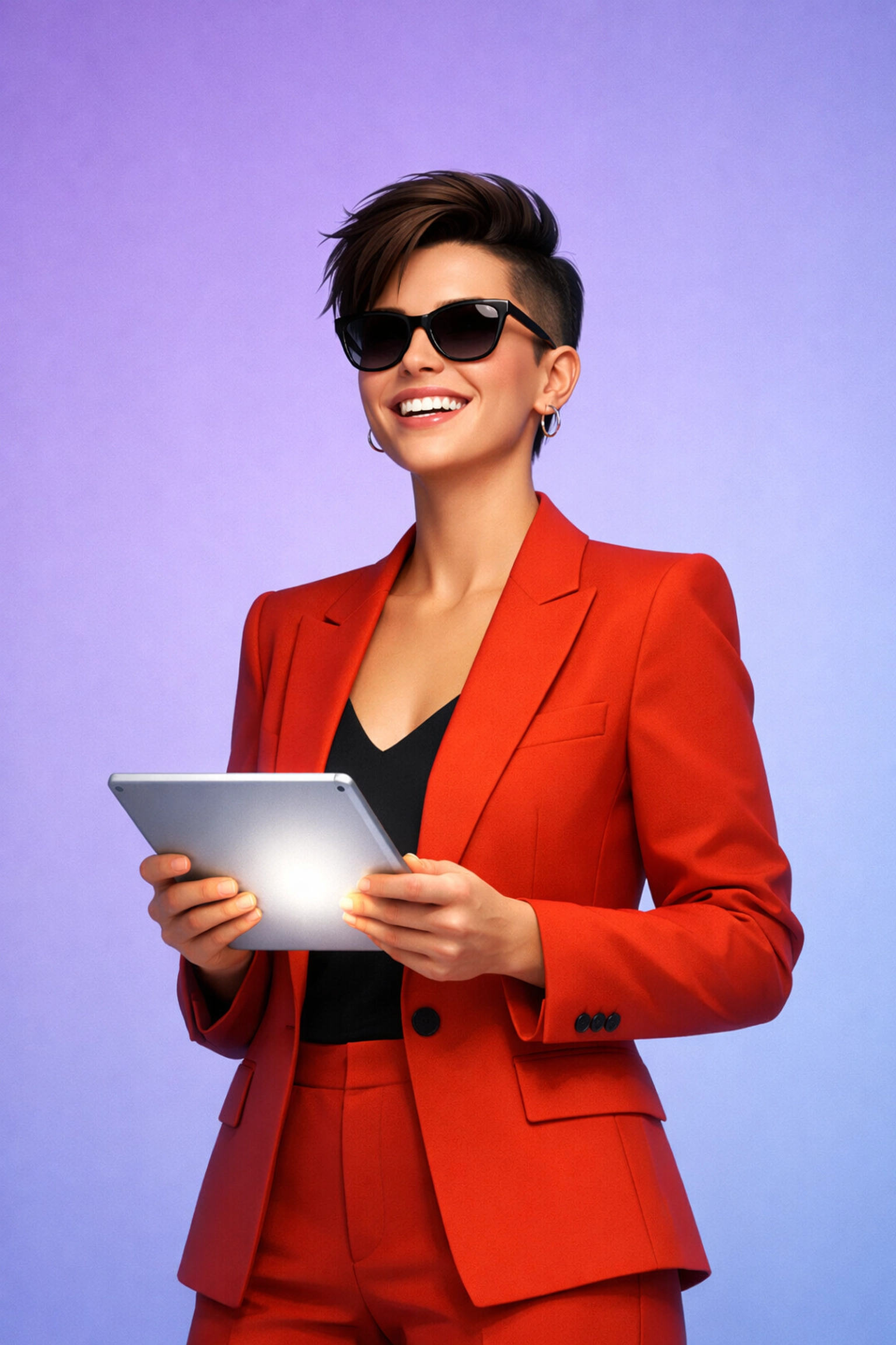 Empowered lesbian author managing her book sales on a digital device, symbolizing publishing success.