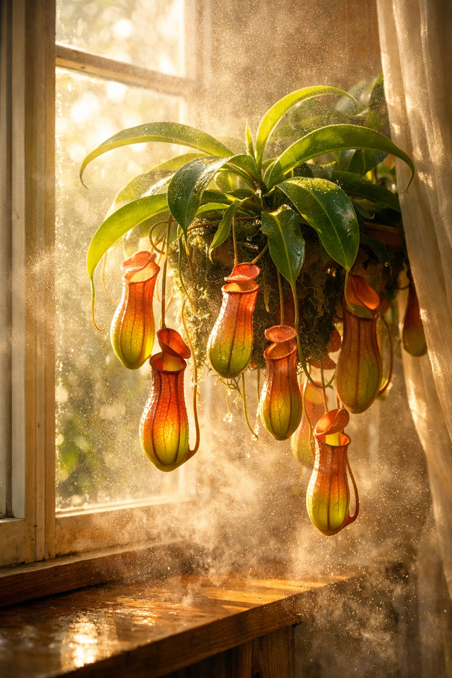 Nepenthes pitcher plant thriving on sunny indoor windowsill with proper bright light