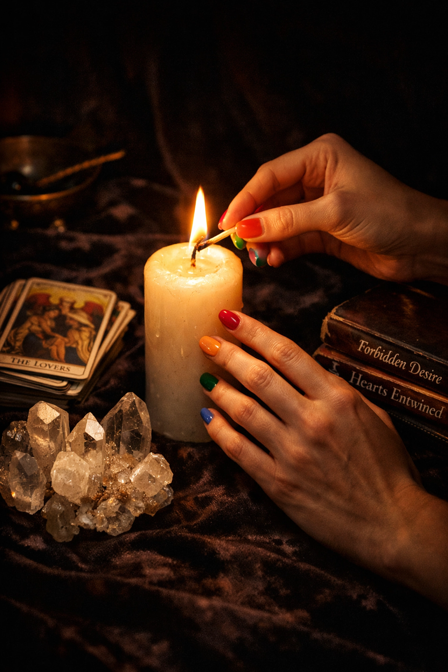 Hands lighting a candle on a queer altar with tarot cards, crystals, and best MM romance books.