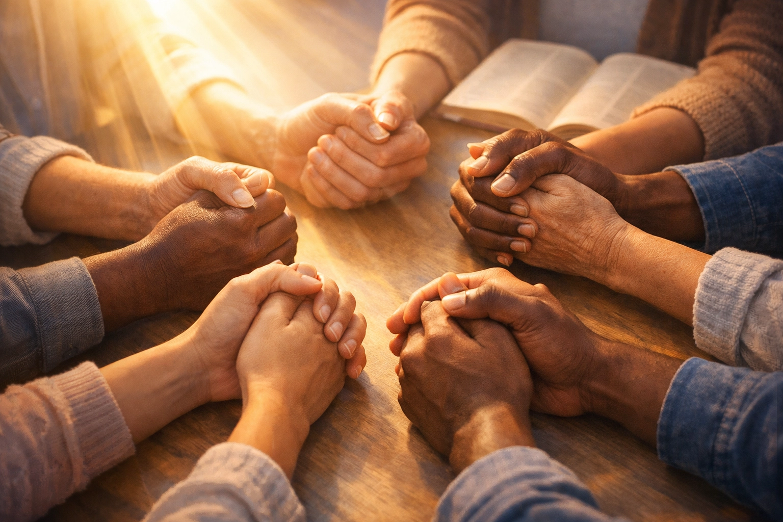 Hands joined together in prayer symbolizing unity, faith, and community support