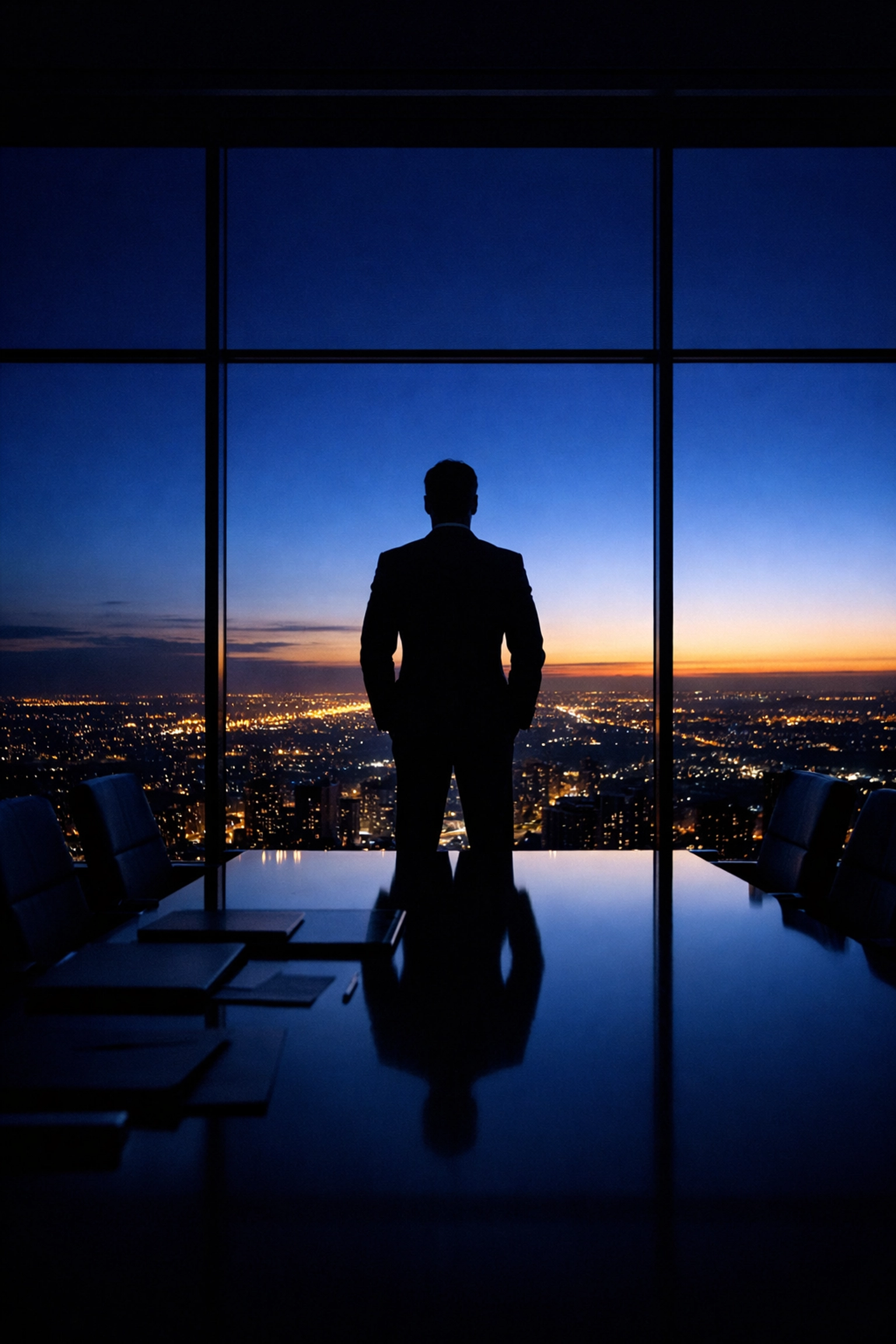 Visionary leader in a boardroom at sunrise planning the future of an enduring empire.