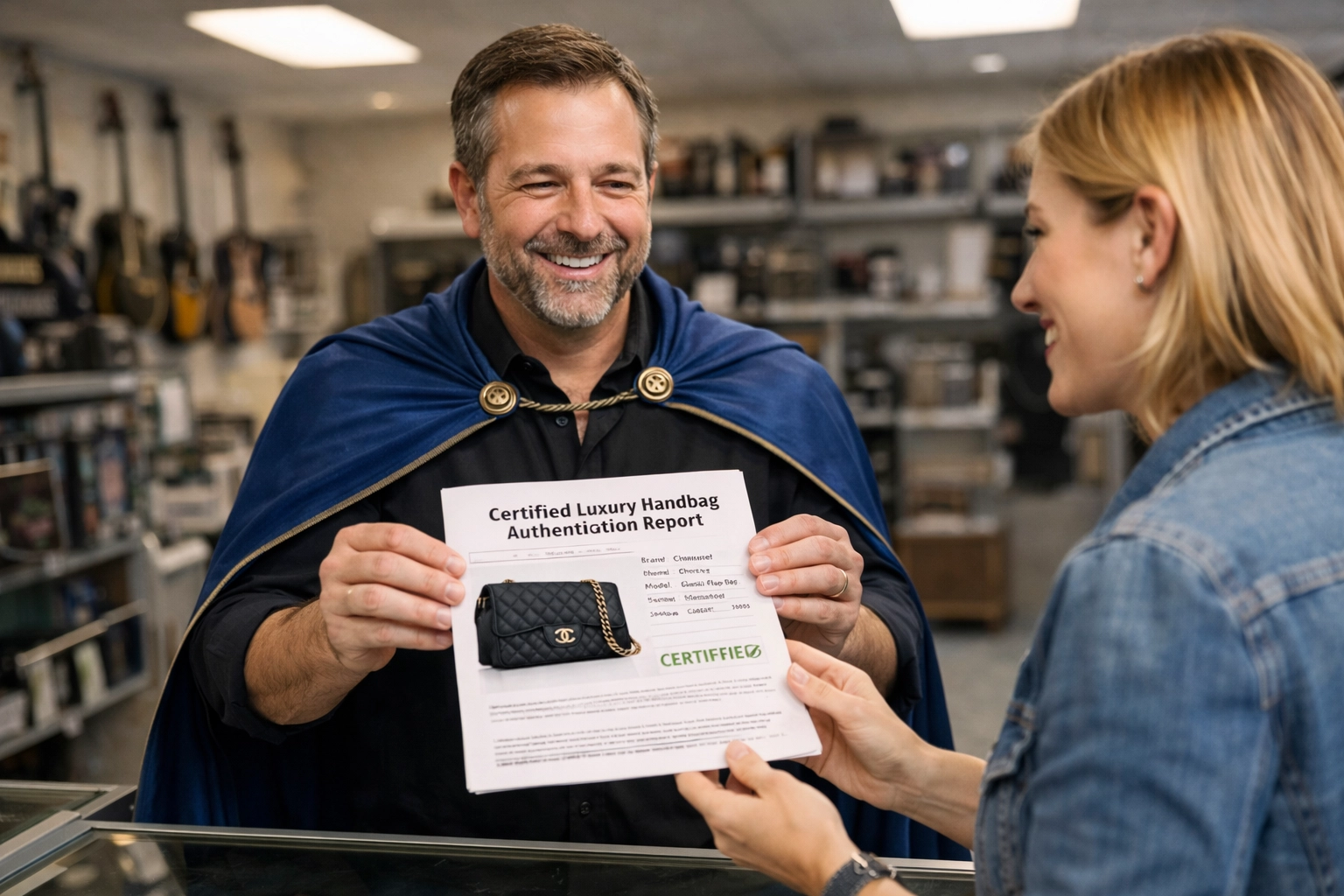 Pawn shop or resale store human expert in a professional blue cape showing a certified luxury handbag authentication report to a customer.