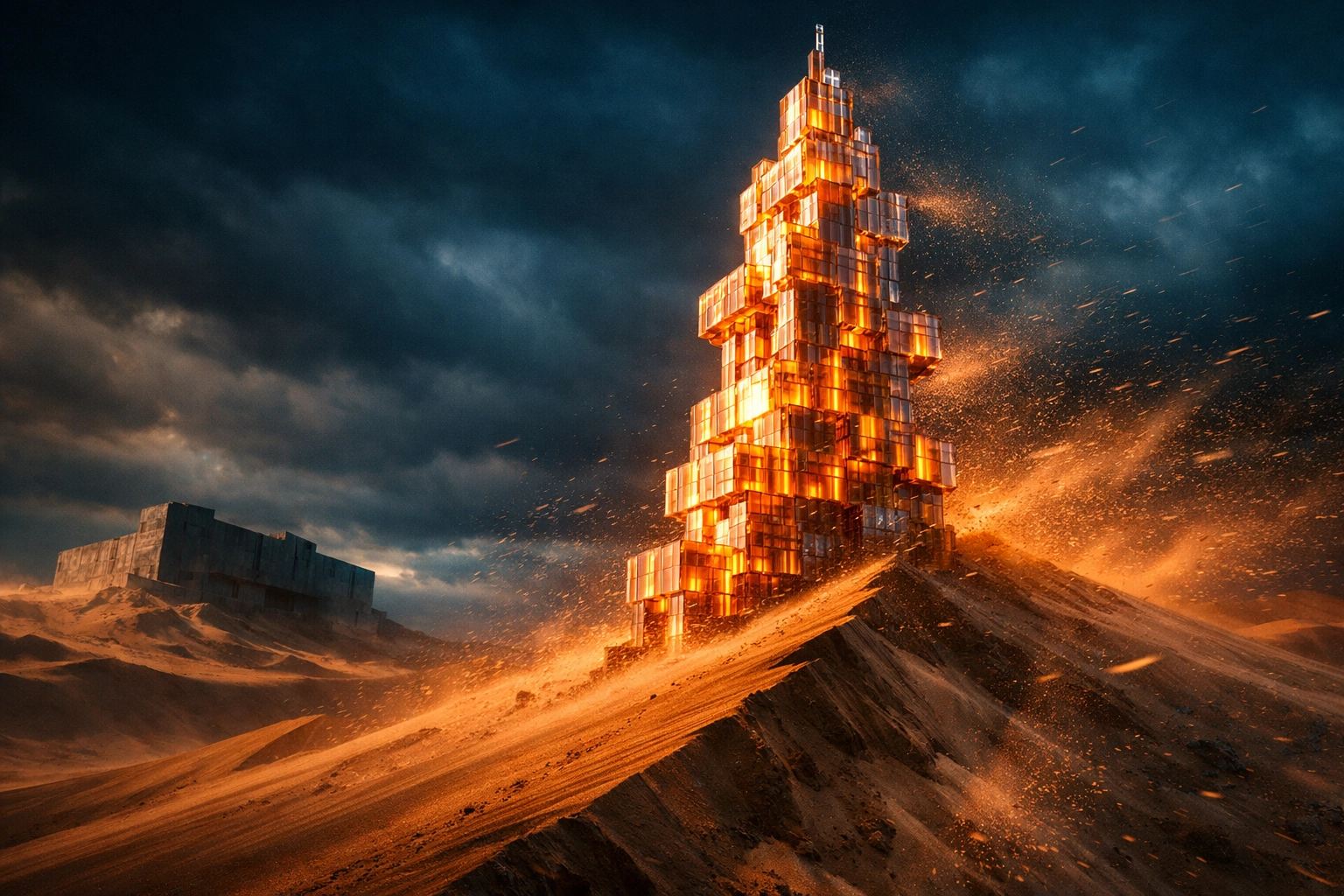 A fragile glass tower on shifting sand representing the risk of unstable startup foundations.