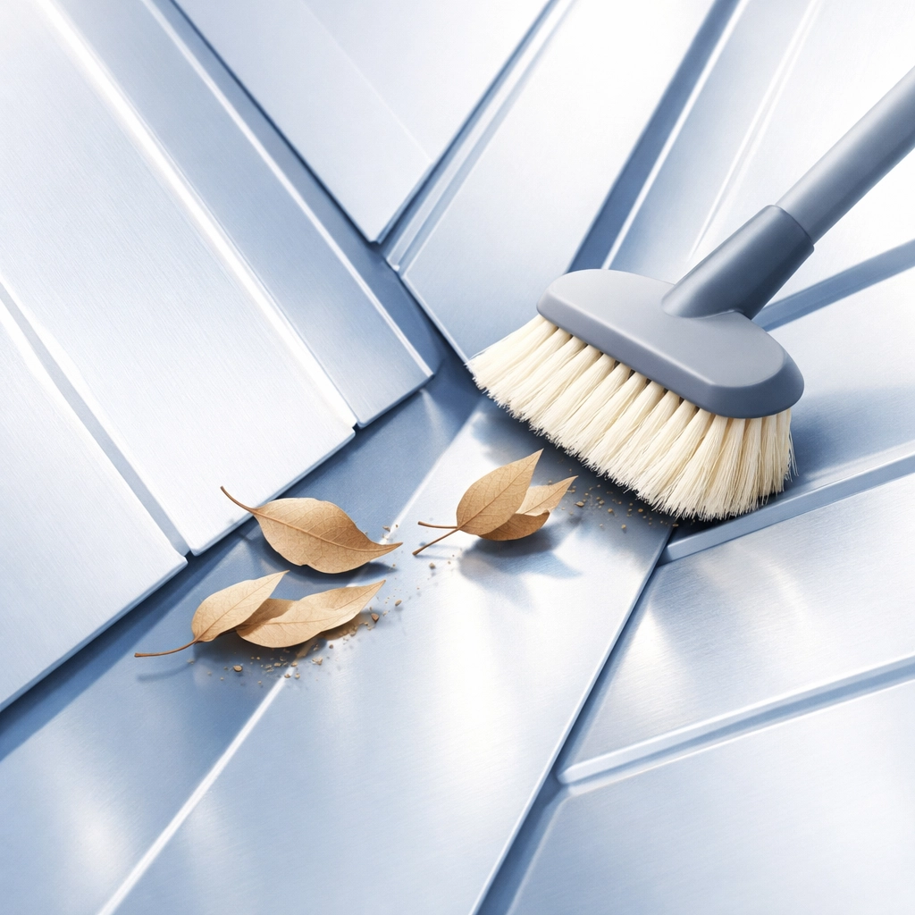 Removing leaves and debris from metal roofing Northern Beaches to prevent rust and corrosion.