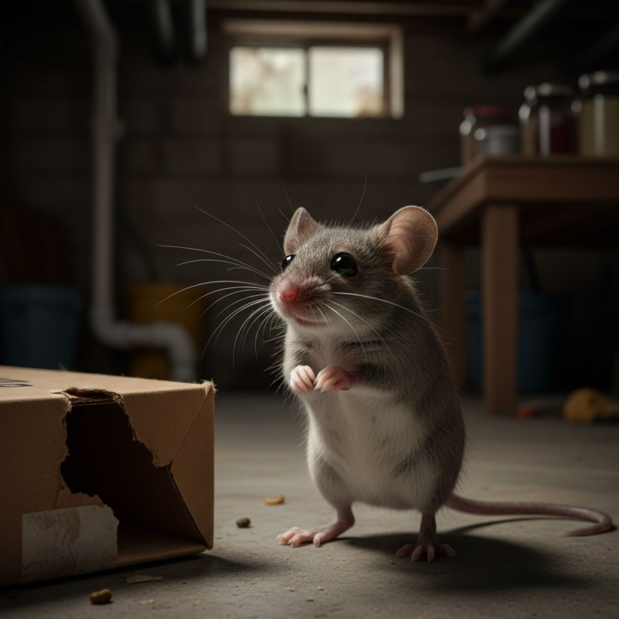 House mouse in a basement indicating the need for rodent control