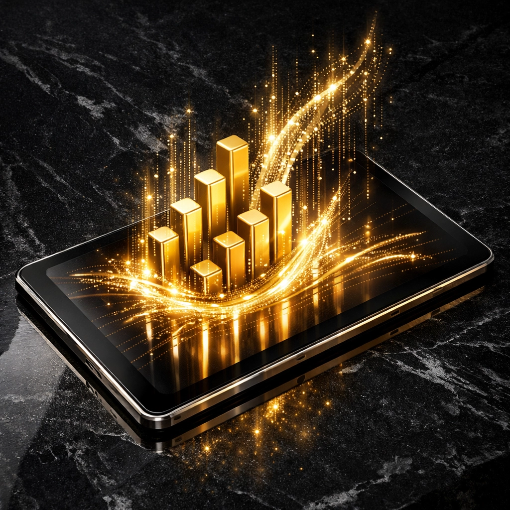 Futuristic tablet displaying glowing data streams to represent a secure and high-value first-party data marketing stack.