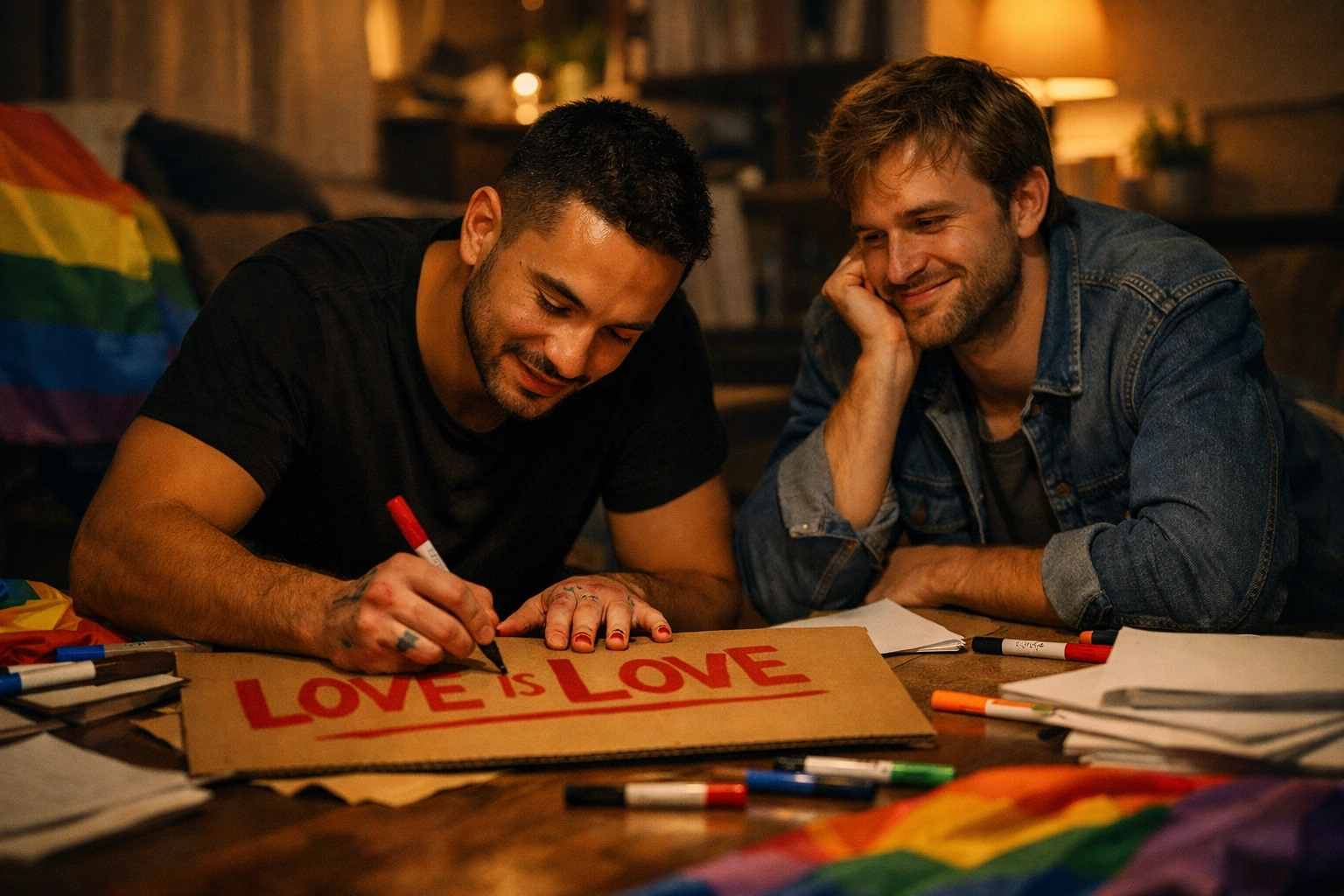 Two gay men making pride protest signs together, highlighting community building and queer activism.