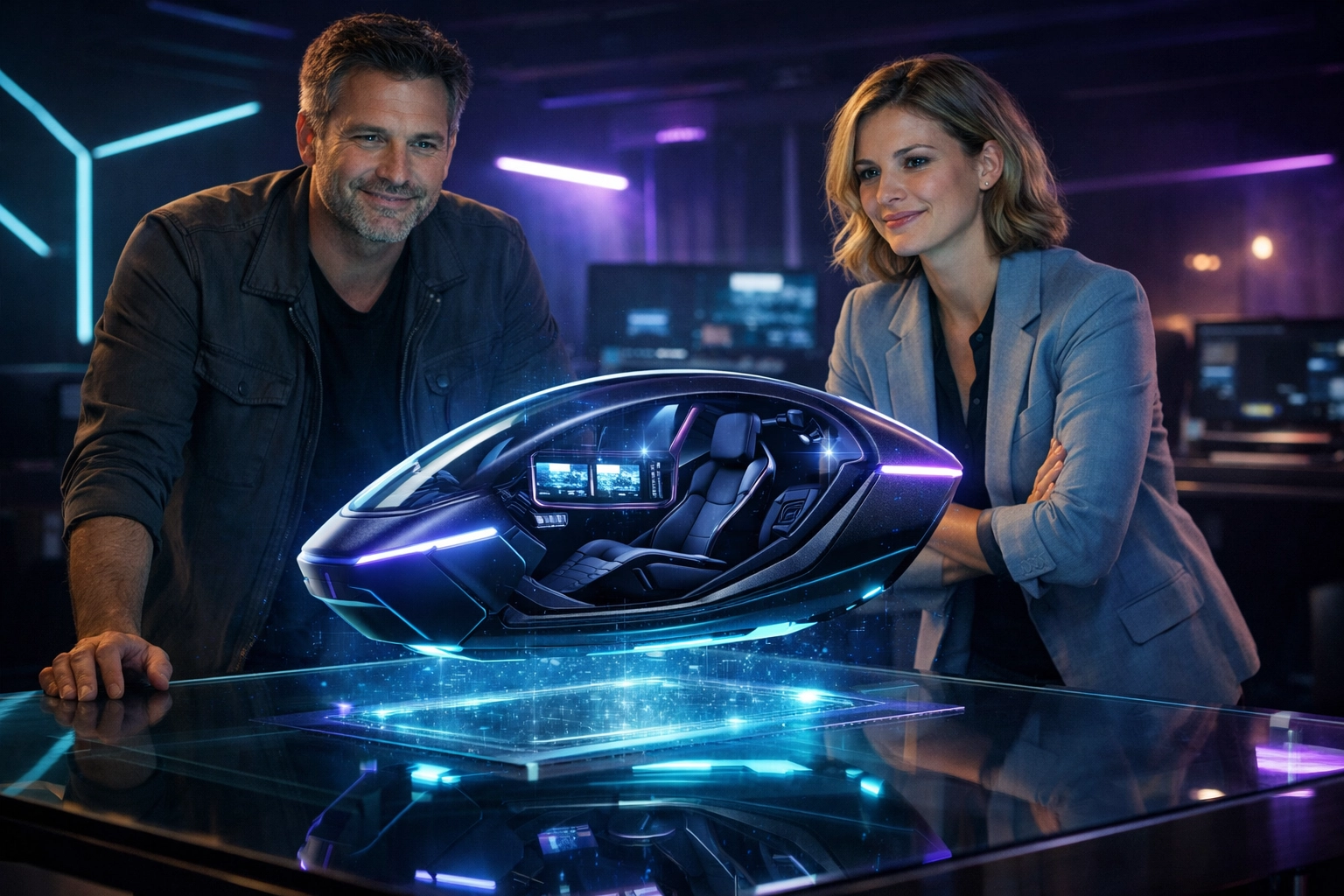 Creative directors analyzing a branded esports simulation pod for Gen Z marketing and engagement.