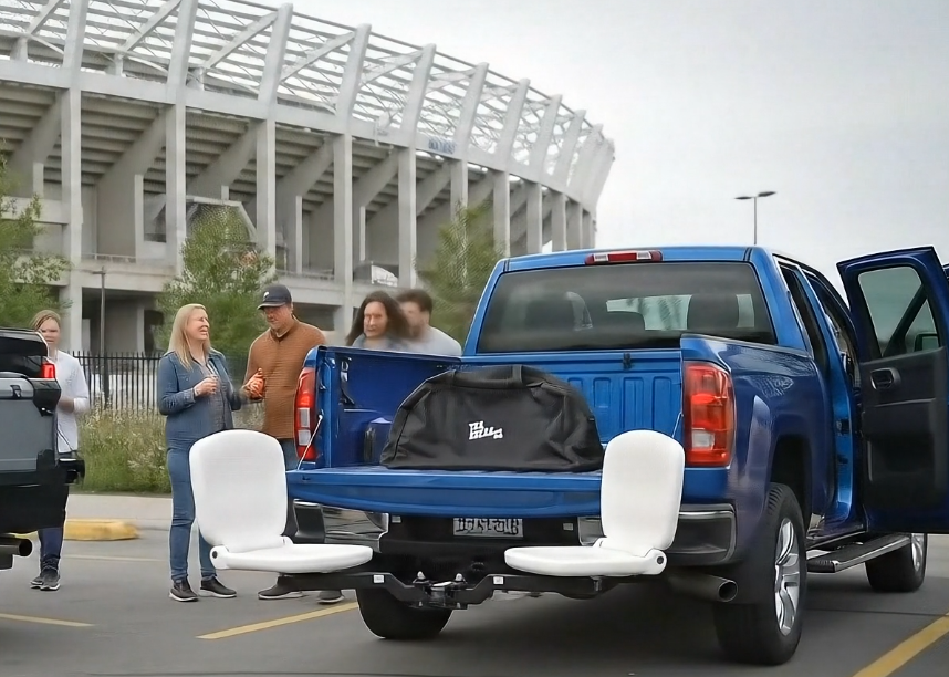 Tailbreaker hitch-mounted dual seats at stadium tailgate
