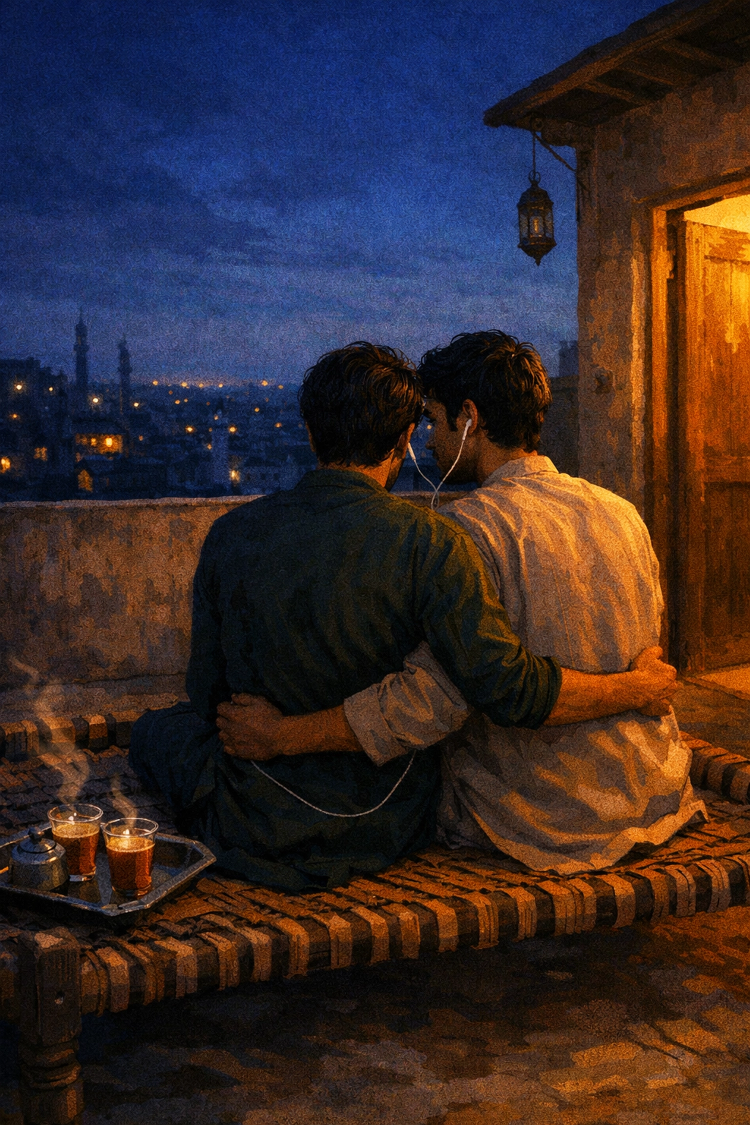 Two young men sharing a private, intimate moment on a Pakistani rooftop, reflecting queer connection and bonding.