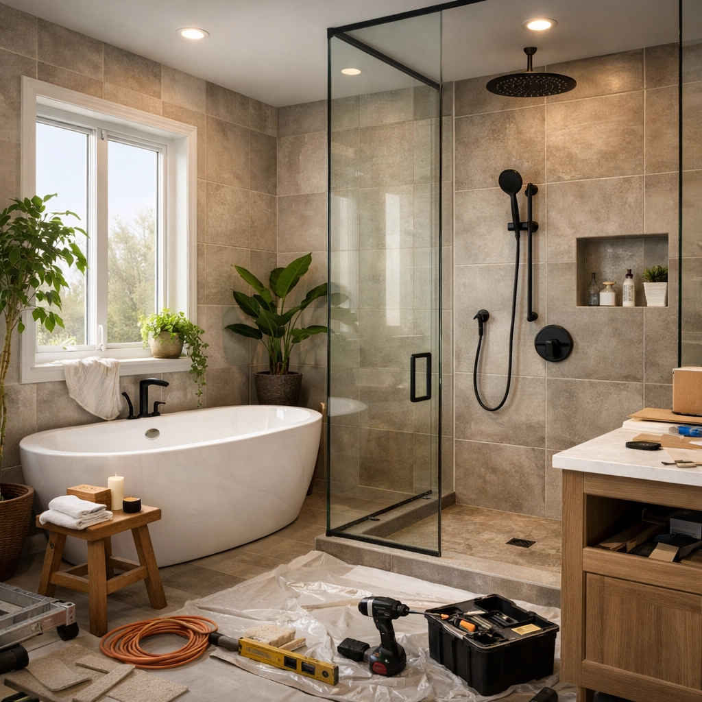 Spa-inspired bathroom renovation in Orlando with freestanding soaking tub and rainfall showerhead