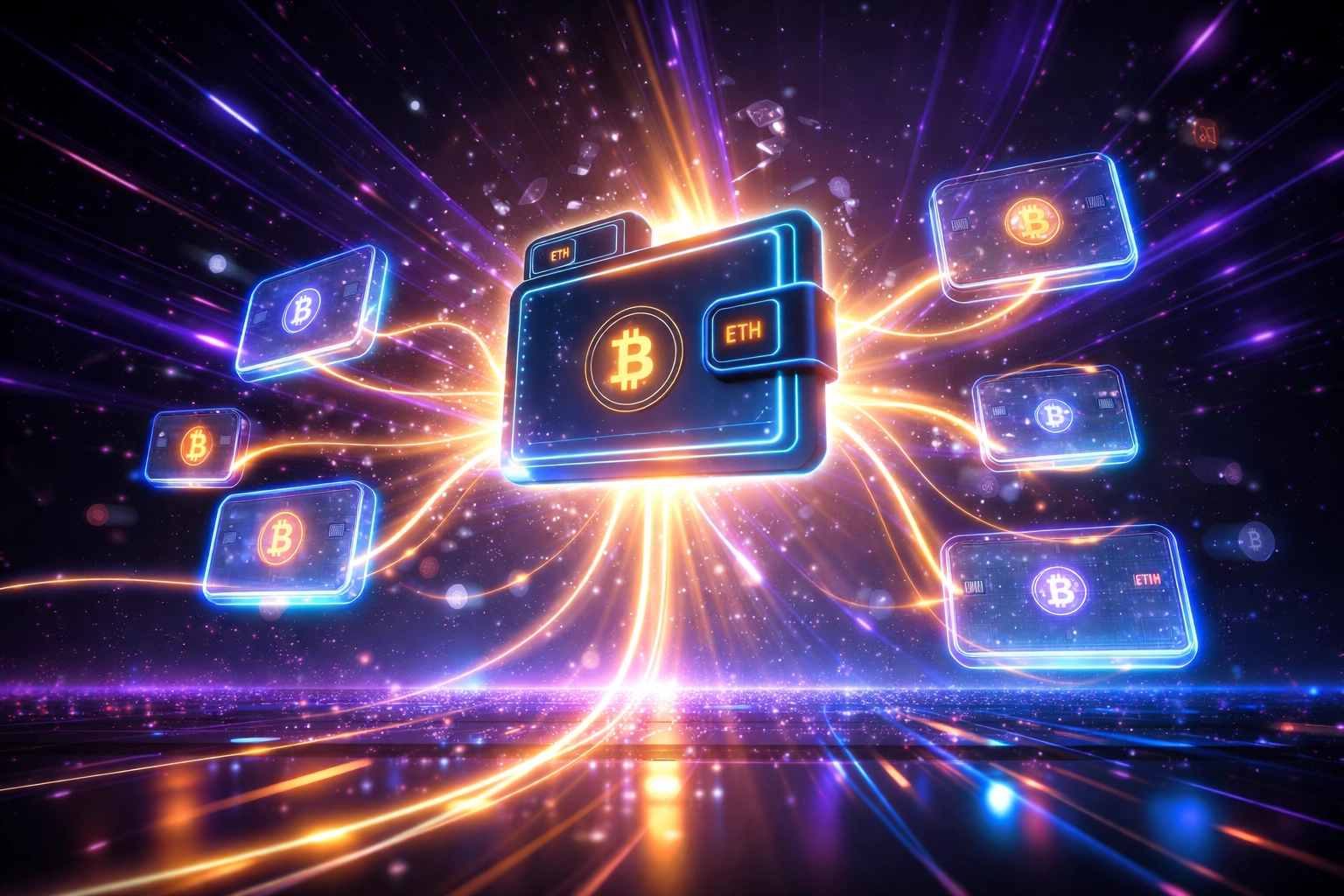 Glowing digital wallet with branching sub-wallets symbolizing self-custody and secure crypto POS payments