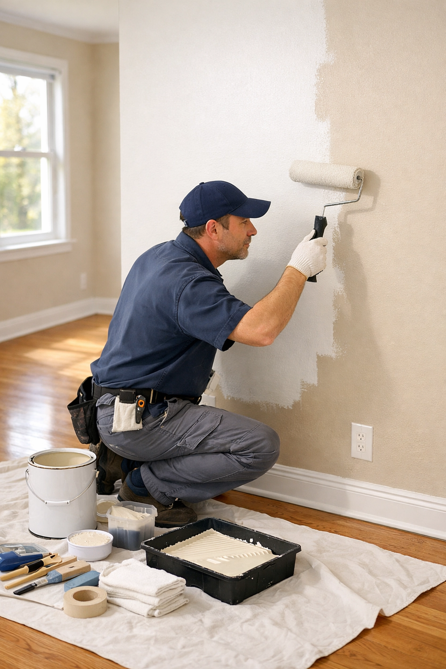 Maintenance technician painting apartment walls during 72-hour make-ready renovation