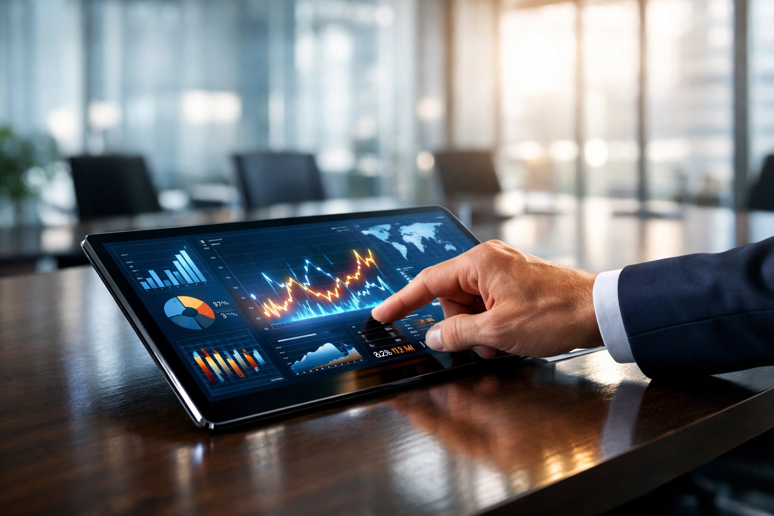 Executive reviewing a real-time data analytics dashboard on a tablet in a modern office.