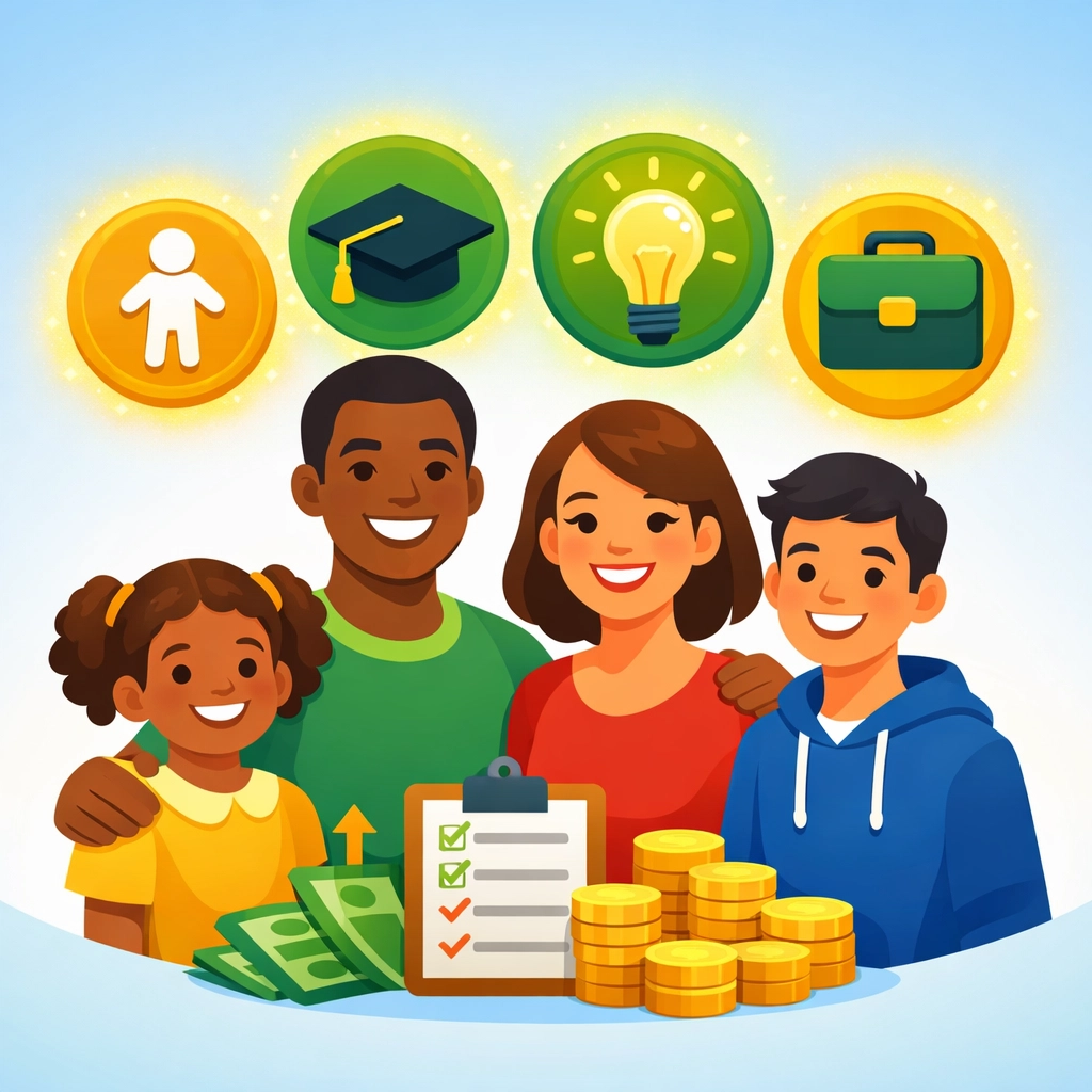 Family with tax credit icons including child, education, and energy efficiency credits