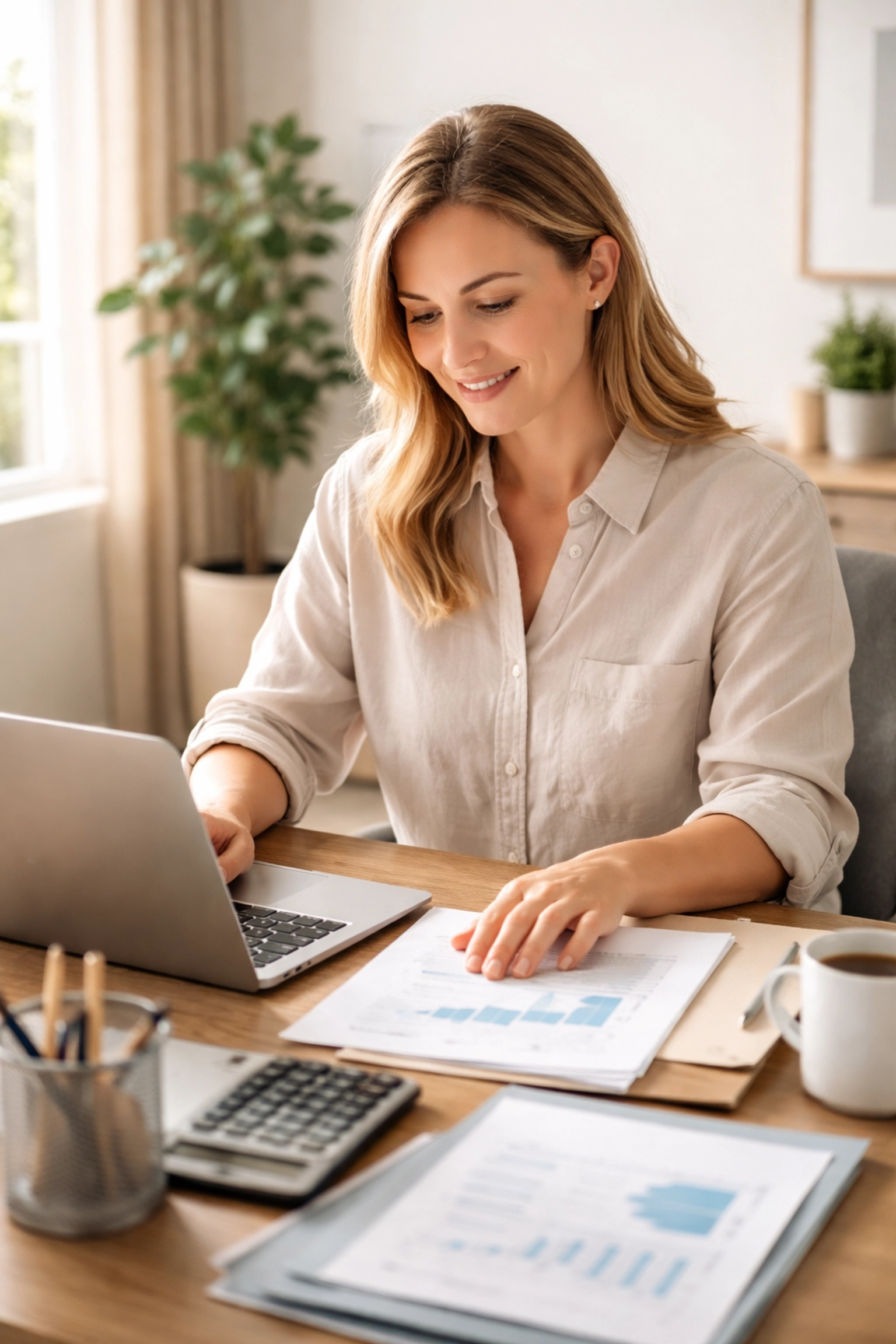 Small business owner at a tidy desk looking relieved while reviewing financial documents, illustrating the ease of outsourced bookkeeping.