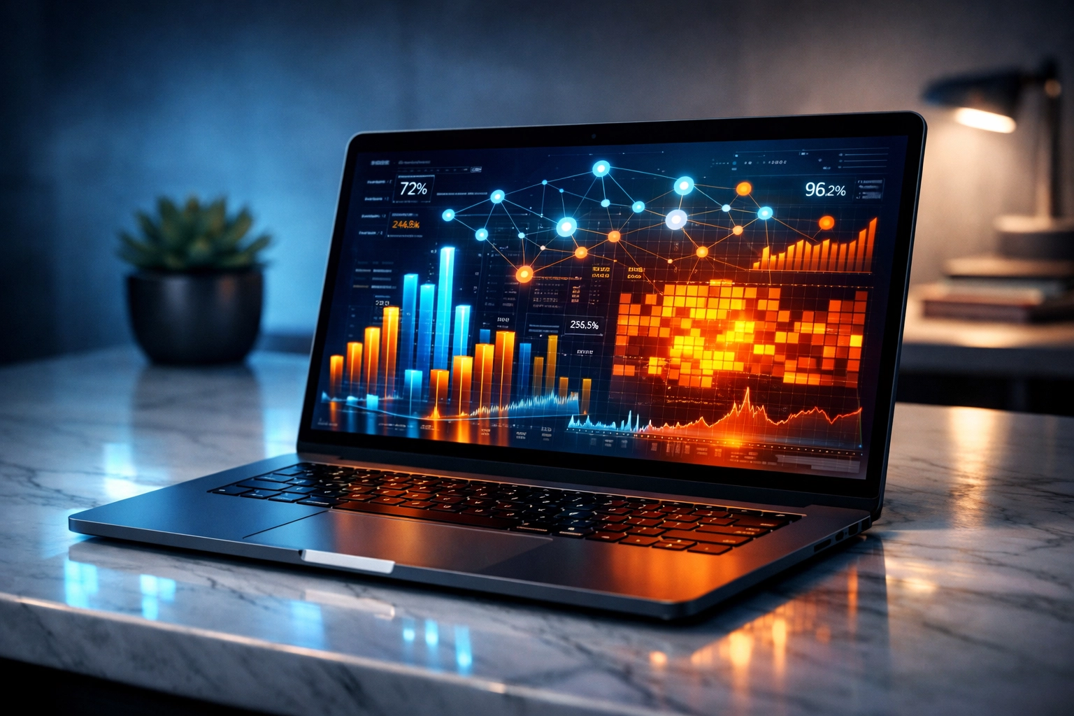 Digital dashboard showing AI-driven affiliate marketing metrics and conversion heatmaps on a laptop screen
