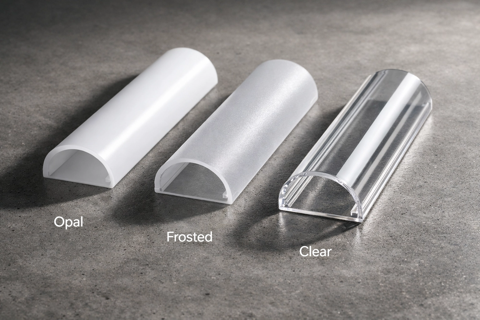 Comparison of opal, frosted, and clear LED diffuser lenses for high-quality aluminum channels.