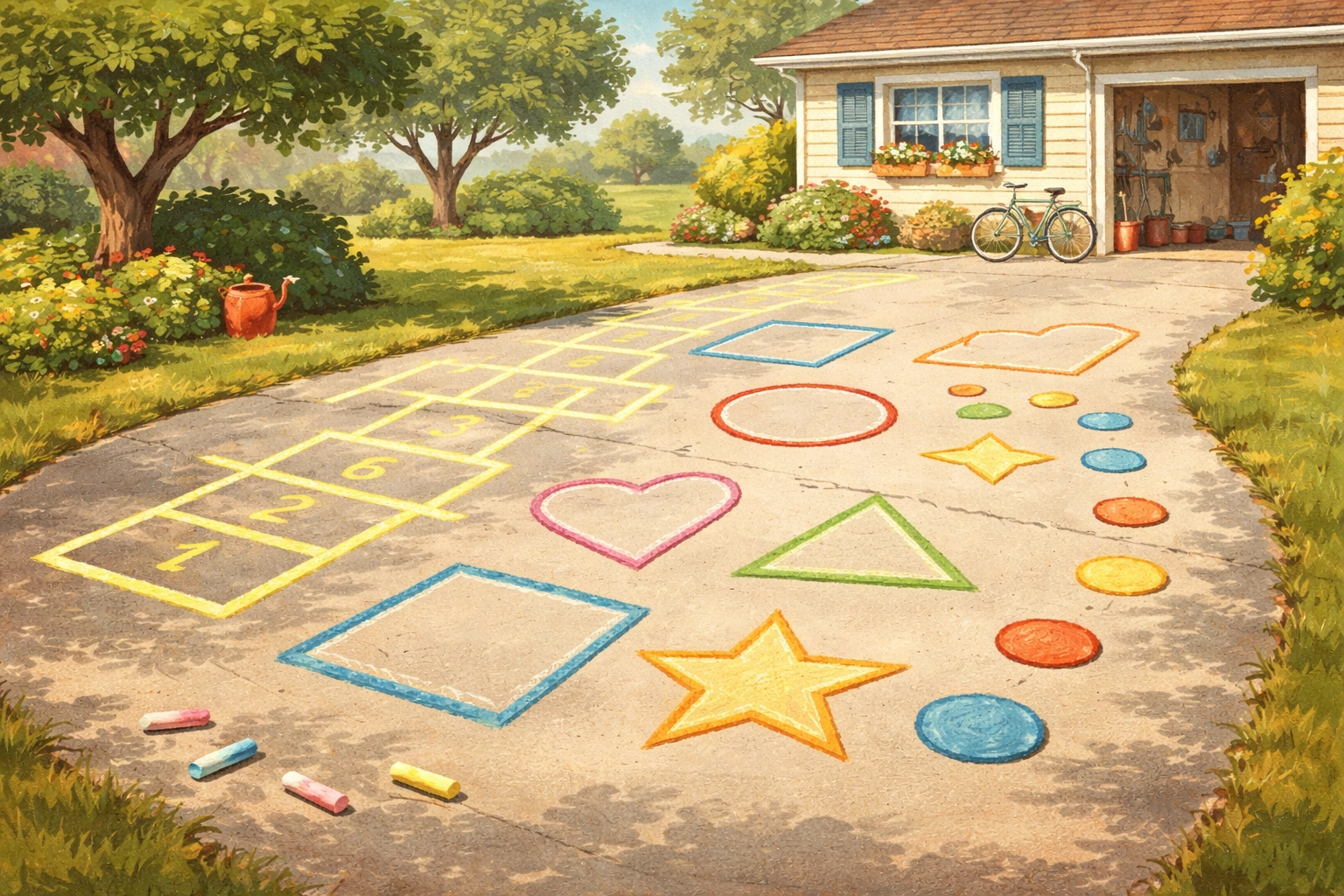 Drawn geometric shapes in chalk on a sunny driveway, ready for an outdoor shape challenge activity for kids