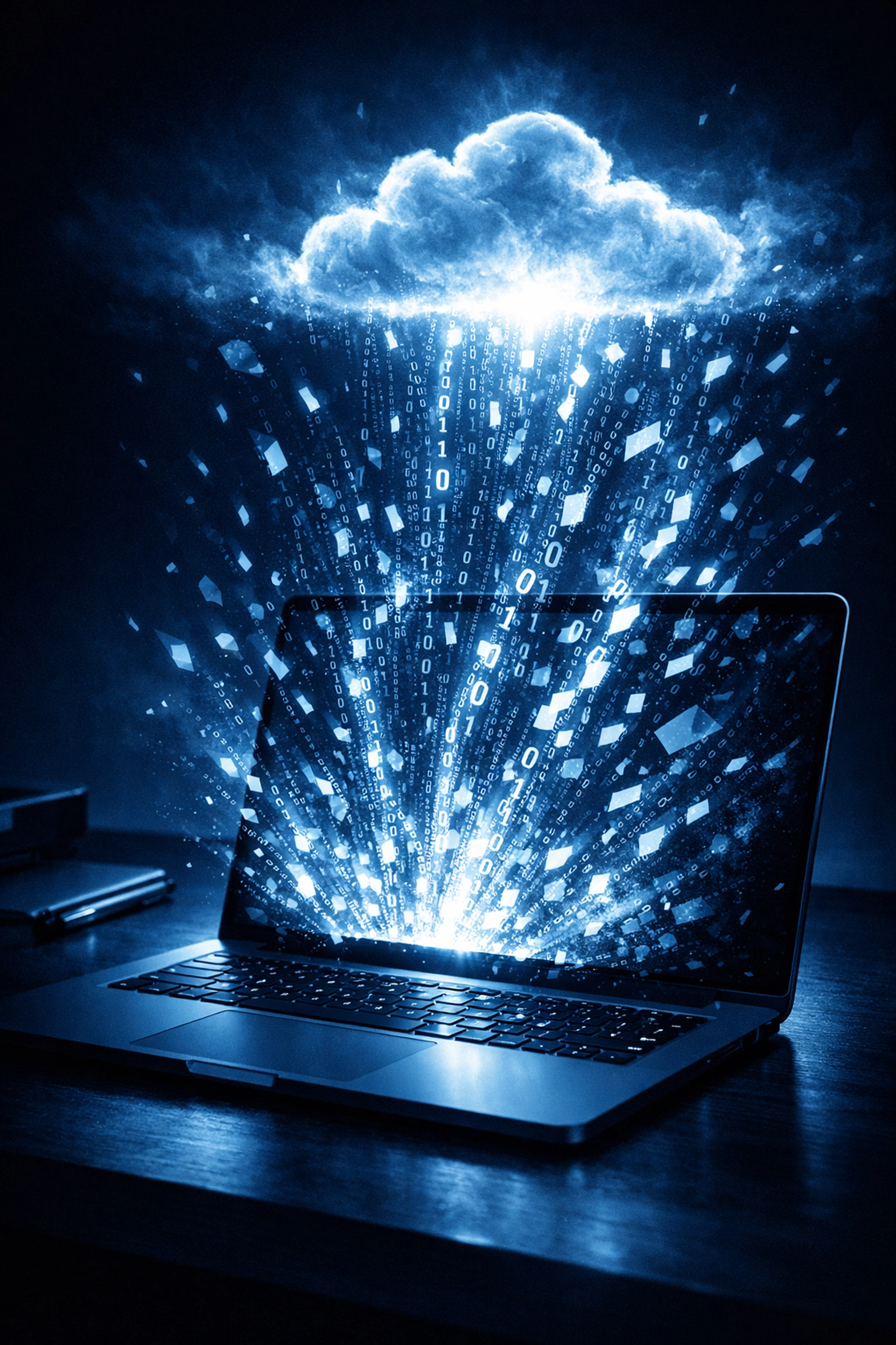 Digital data streams from a laptop to the cloud, representing ransomware risks to business data.