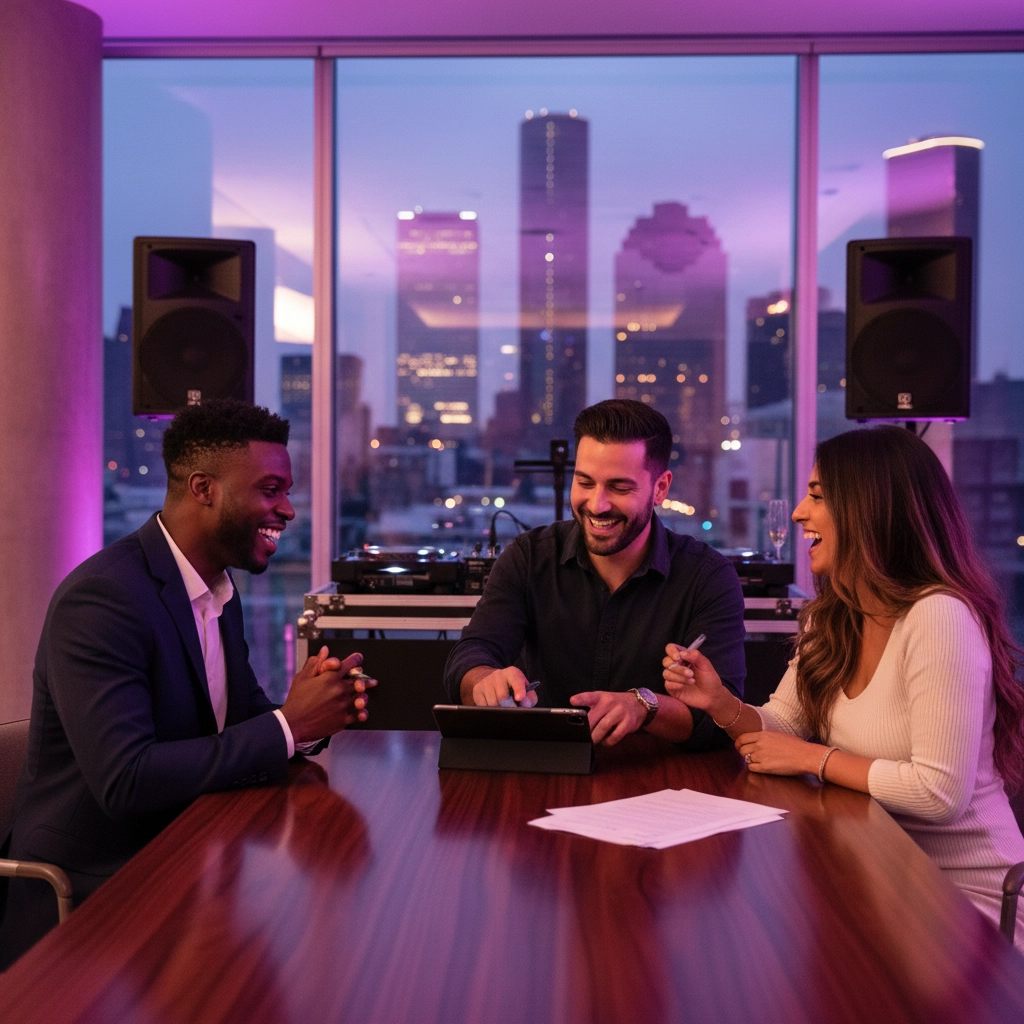 Three people smile and talk around a table with a tablet and paper. Large windows show a cityscape at dusk with pink lighting.
