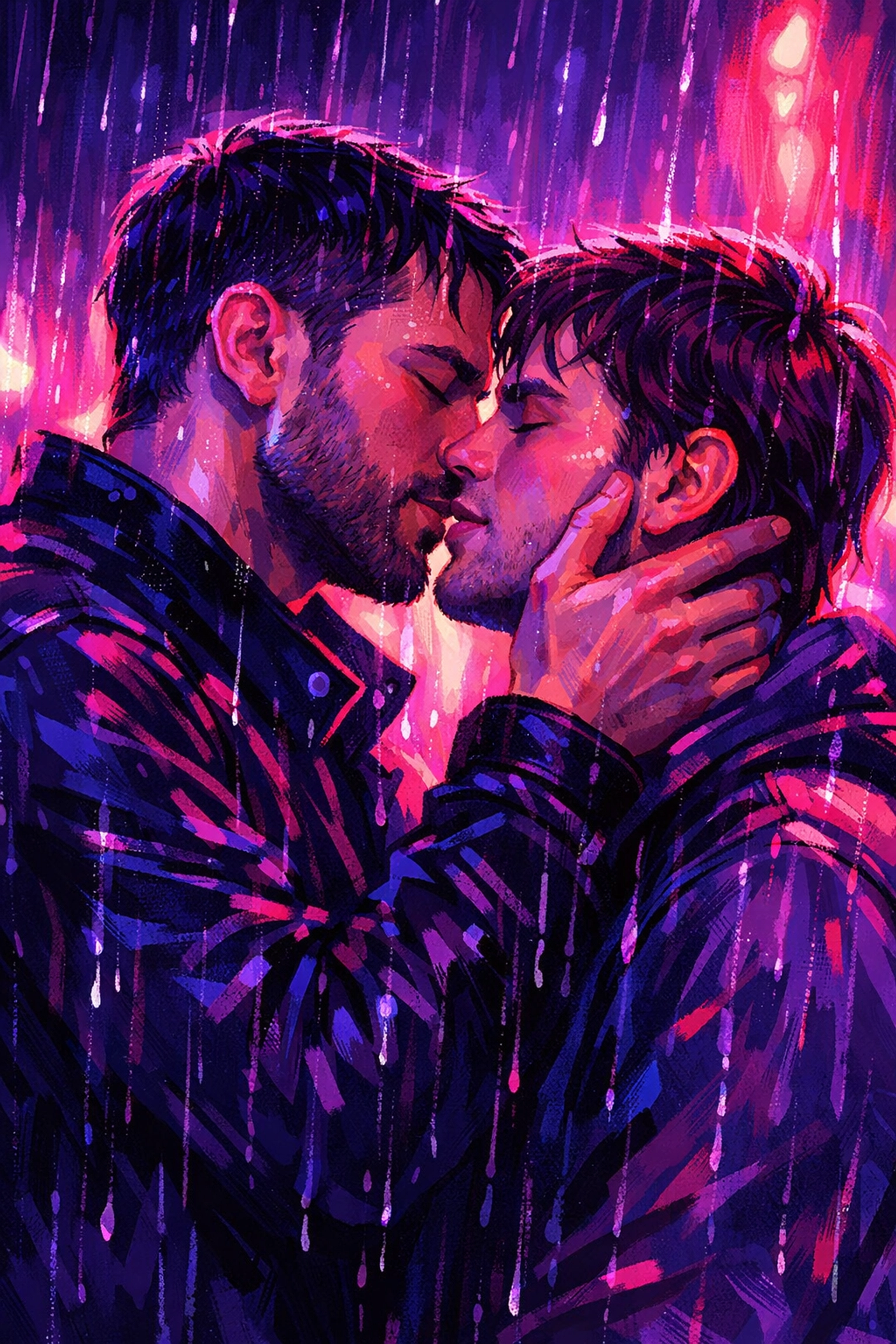 Romantic moment between two men under neon lights, capturing the heart of a modern gay love story.