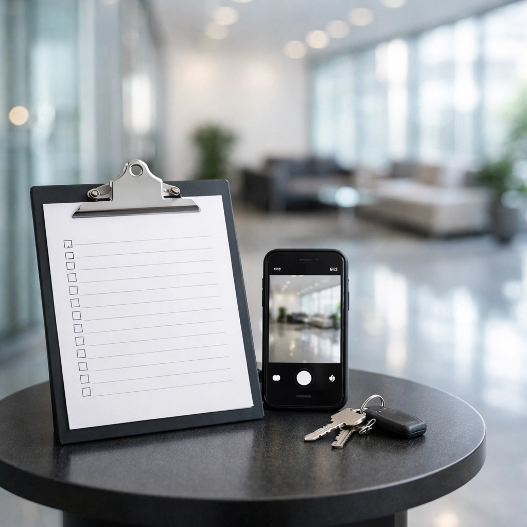 Modern office lobby featuring a property management cleaning inspection checklist on a clipboard.