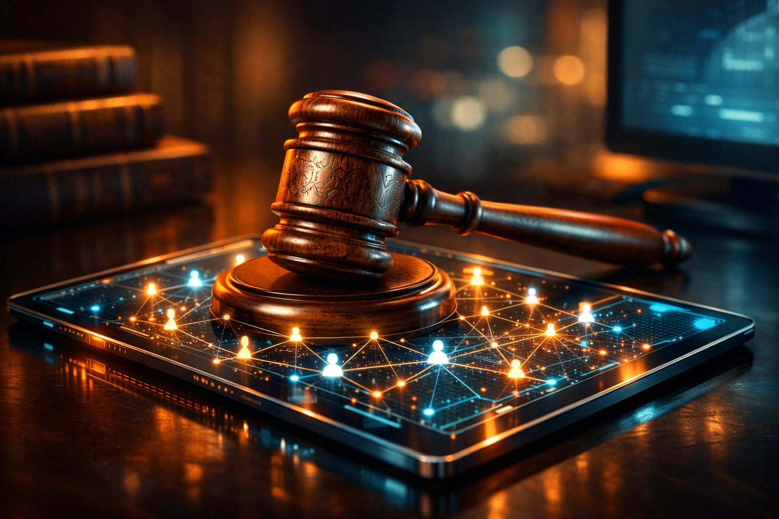 Gavel resting on a digital tablet symbolizing government regulation of social media in corporate news India.