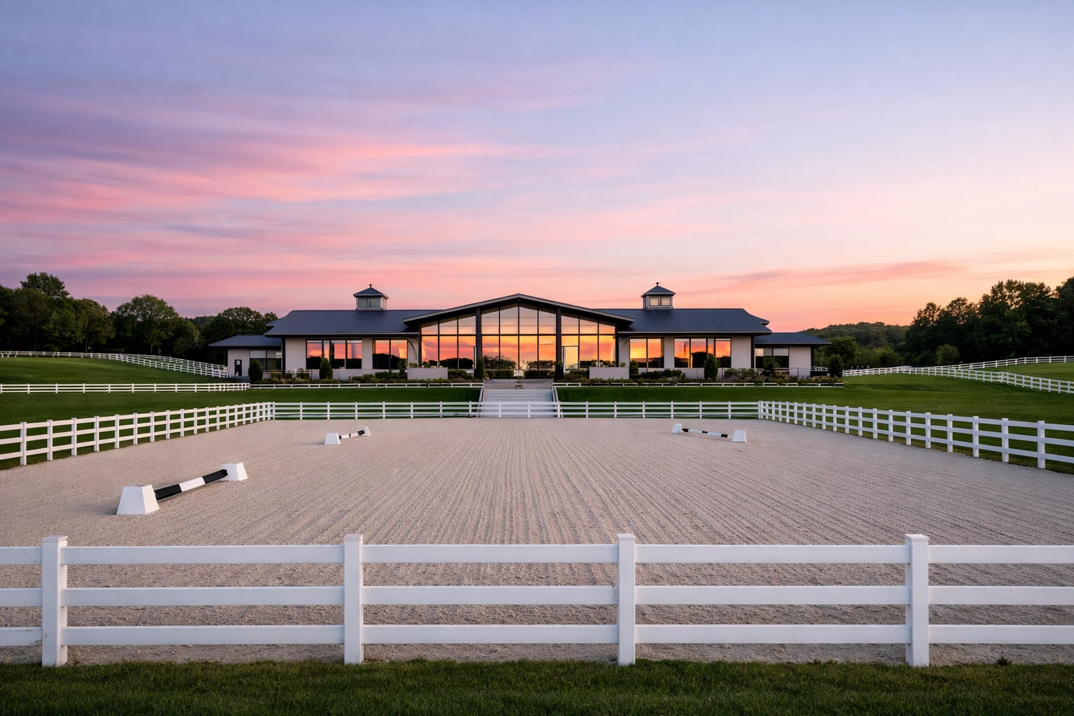 Professional outdoor riding arena with white perimeter fencing at a Westchester County equestrian estate.