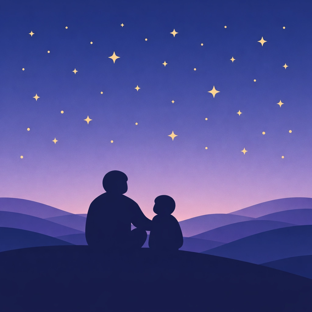 Parent and child having meaningful conversation under starry sky about faith and values