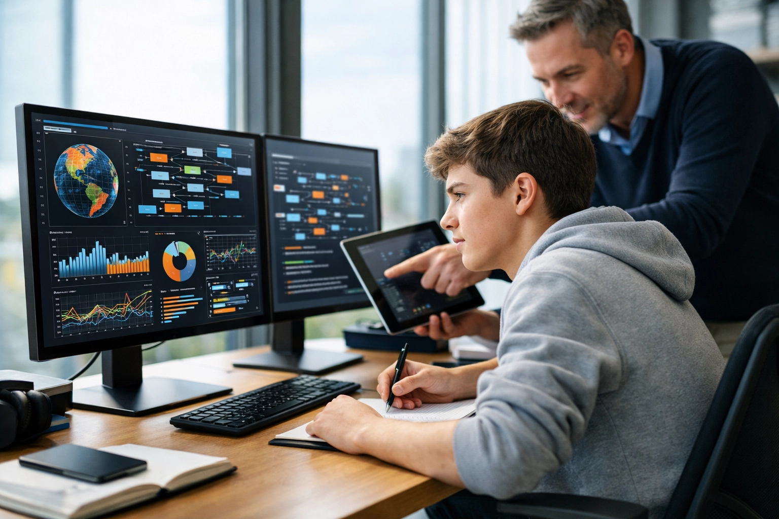 High school student analyzing data visualizations with a professional mentor to build technical skills.